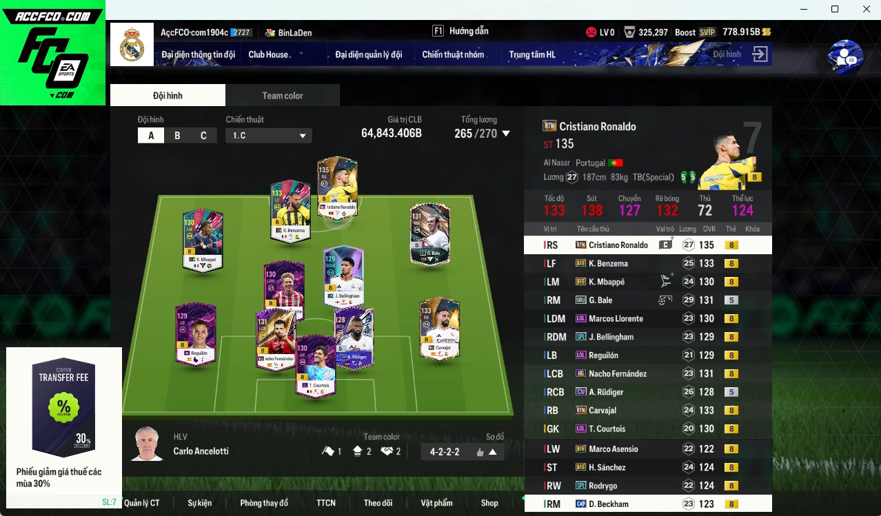 Real Madrid 64.840b có CR7 RTN, Benzema BTB, Bale GRU, Carvajal BTB, Beckham CAP, Nacho HG, H. Sánchez BTB, Mbappé BTB, Bellingham SPL, Rudiger CU, Rodrygo SPL...